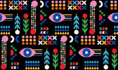 Geometrik şekiller ve çiçeklerle kusursuz tekrarlayan desen. vektör illüstrasyonu