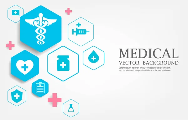 Vektor Medizinischer Und Symbole Weißer Hintergrund Geometrische Blaue Medizinische Sechseckform — Stockvektor