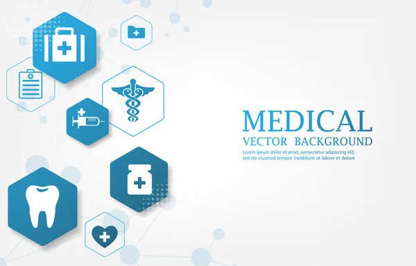 Weiße Medizinische Vektortapete Geometrisches Blaues Sechseck Medizinische Symbole — Stockvektor