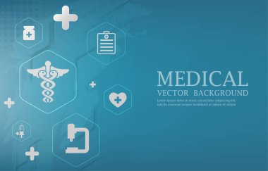 Modern geometrik tıbbi vektör mavi arkaplan. Tıbbi simgeler ayarlandı.