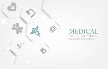 Tıbbi simgelerle modern geometrik altıgen şekli. Beyaz tıbbi vektör arka planı.