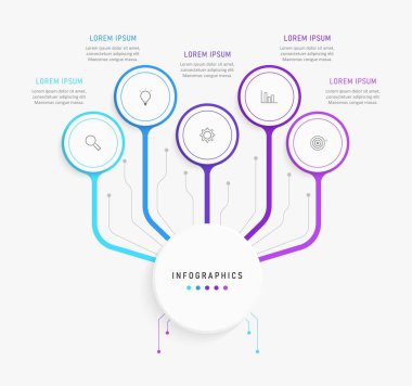 Vector Infographic etiket tasarım şablonu simge ve 5 seçenek veya adımla. İşlem şeması, sunumlar, iş akışı düzeni, afiş, akış şeması, bilgi grafiği için kullanılabilir.