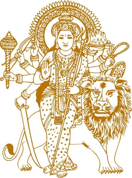 Drawing Sketch Goddess Durga Matha Chamundi Closeup Face Editable Outline — Stock Vector