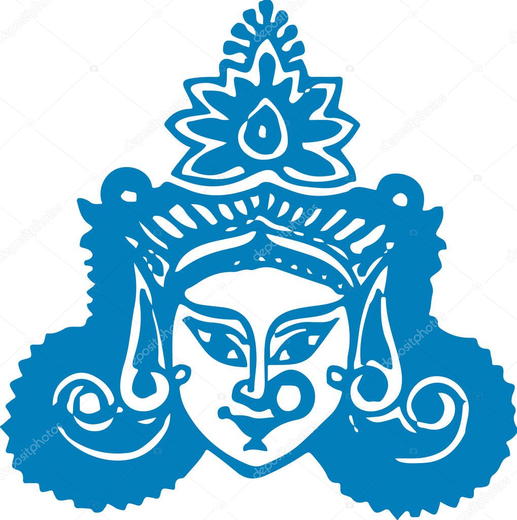 Drawing or Sketch of Goddess Durga Matha or Chamundi closeup face editable outline illustration