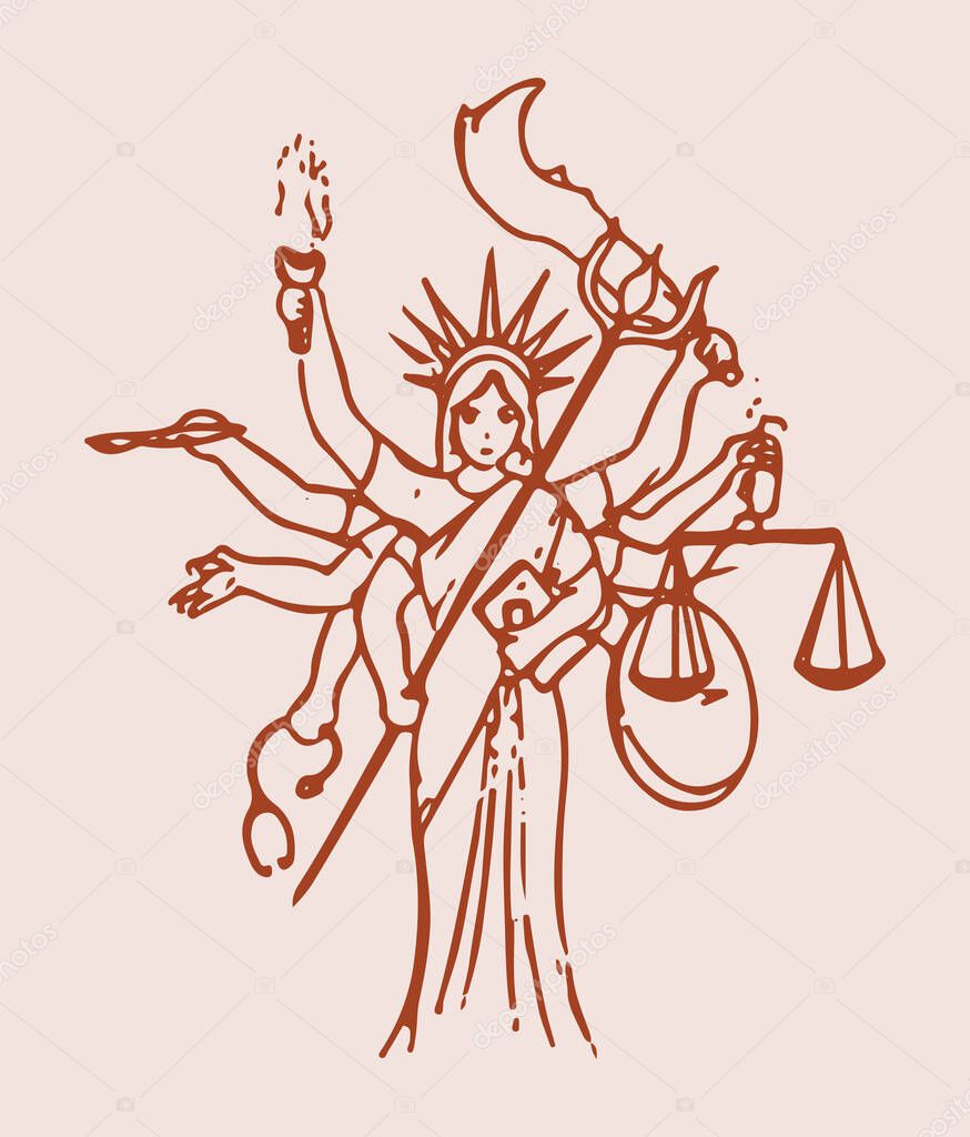 Drawing or Sketch of Goddess Durga Matha or Chamundi closeup face editable outline illustration