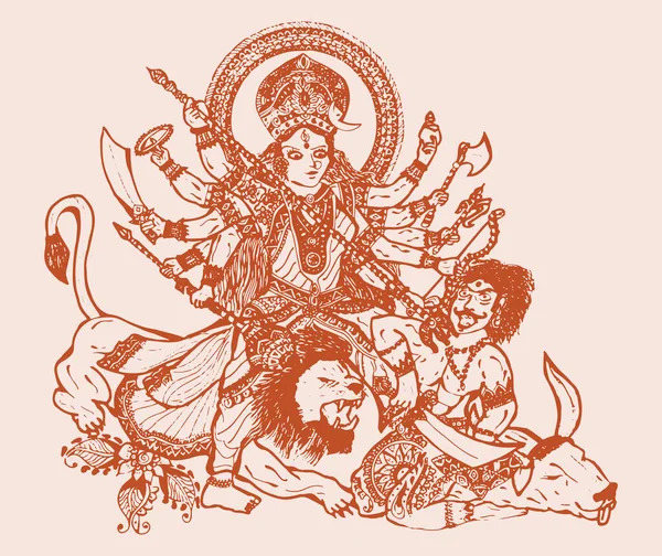 Disegno Schizzo Della Dea Durga Matha Chamundi Primo Piano Faccia — Vettoriale Stock