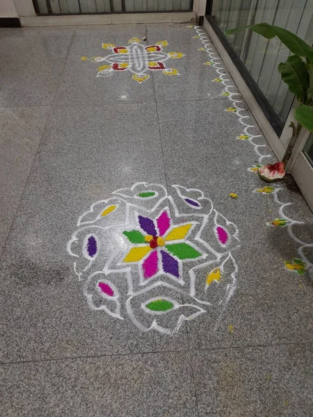 Closeup Colorful Hand Drawing Rangoli Festival Season House Office Dasara — Stock Photo, Image