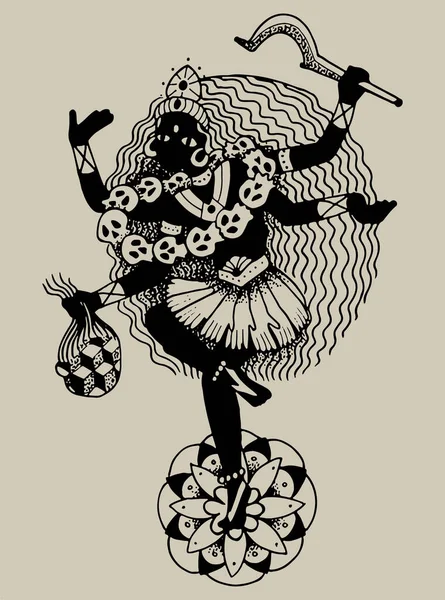 Güçlü Hindu tanrıçası Durga Ma ya da Kali Mata çizimi ve düzenlenebilir siluet çizimi.