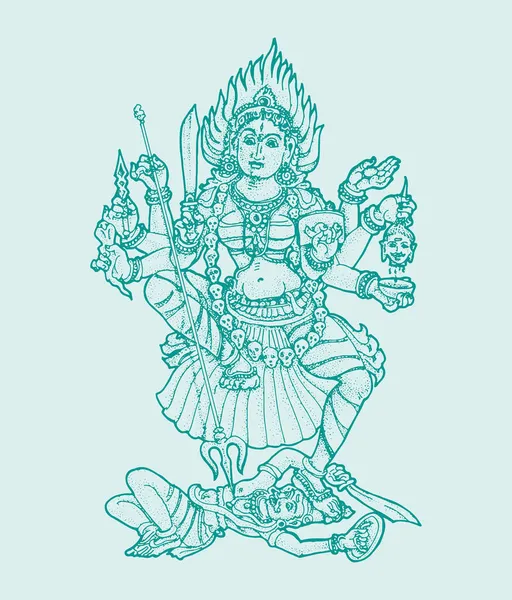 Dibujo Boceto Poderosa Diosa Hindú Durga Kali Mata Contorno Silueta — Vector de stock