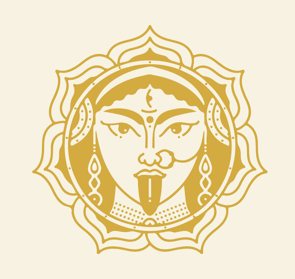 Drawing or sketch powerful hindu goddess Durga Ma or Kali Mata outline and editable silhouette illustration with trident holding in hand