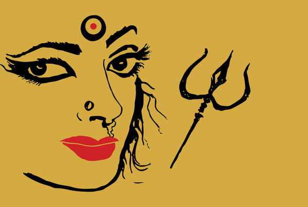 Drawing or sketch powerful hindu goddess Durga Ma or Kali Mata outline and editable silhouette illustration with trident holding in hand