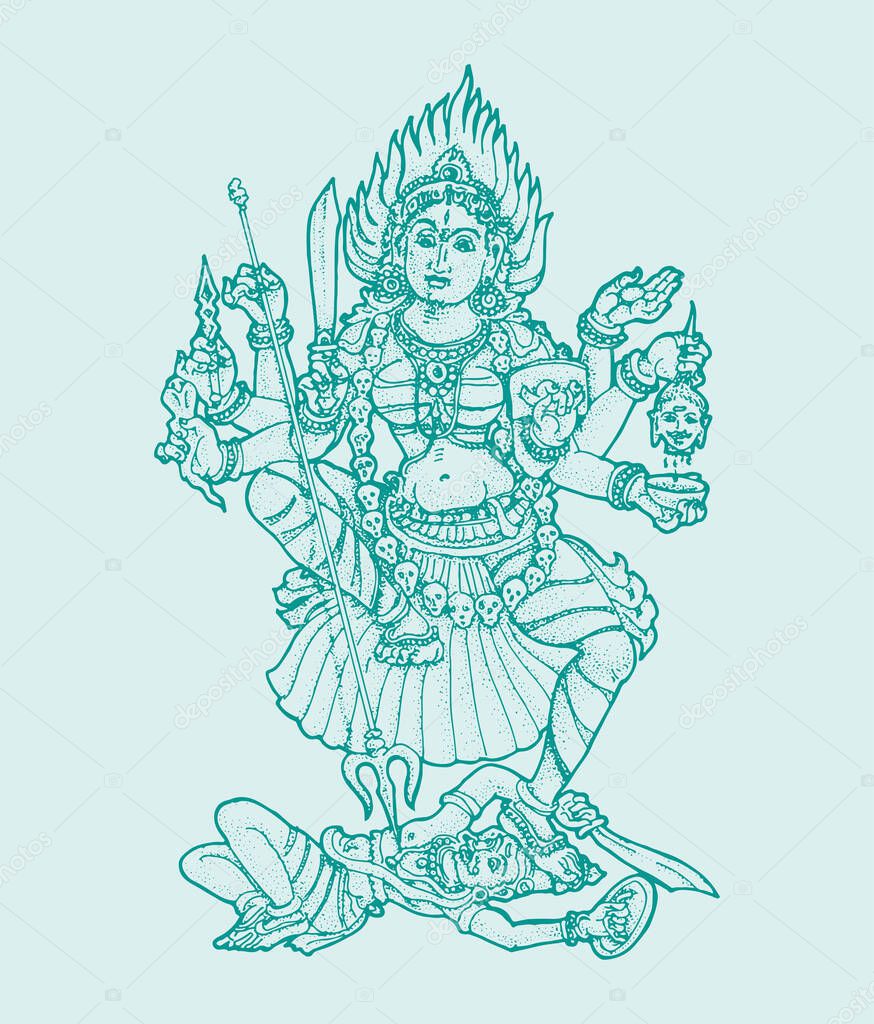Drawing or sketch powerful hindu goddess Durga Ma or Kali Mata outline and editable silhouette illustration with trident holding in hand