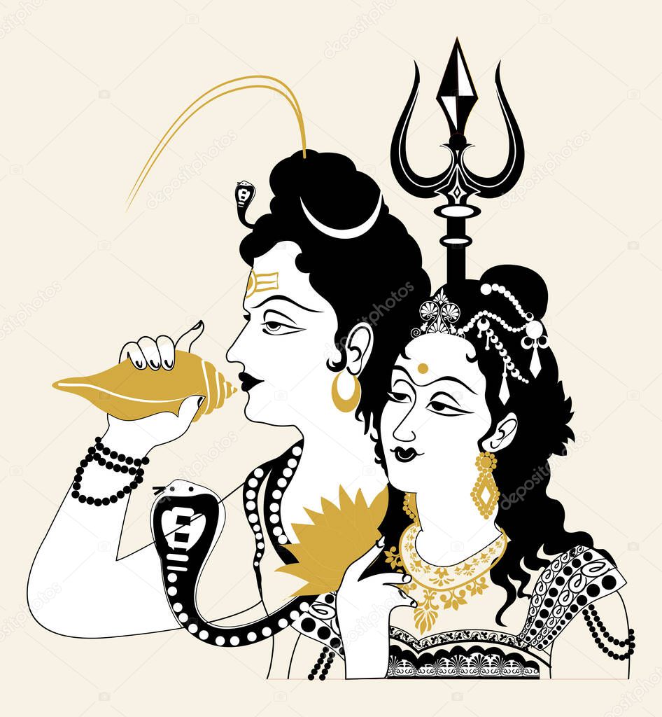 Drawing or Sketch of Lord Shiva and Goddess Parvati editable outline and silhouette illustration