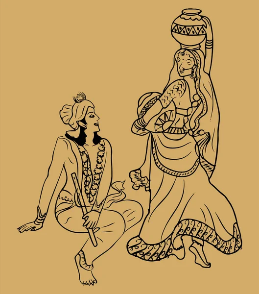 Drawing Sketch Lord Krishna Radha Editable Outline Illustration — Stock Vector