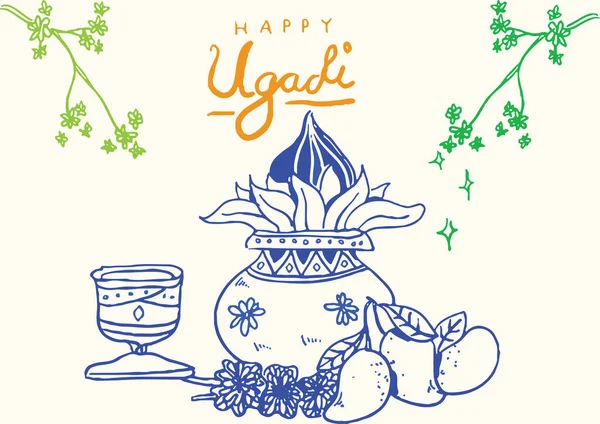 Dibujo Boceto Happy Ugadi Gudi Padwa Festival Esquema Ilustración Kalash — Archivo Imágenes Vectoriales