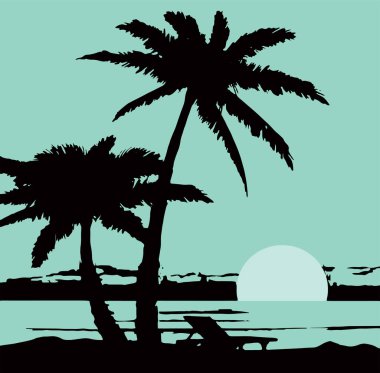 Yakınlardaki okyanus günbatımı ya da gündoğumu siluetinin çizimi ya da çizimi düzenlenebilir illüstrasyon
