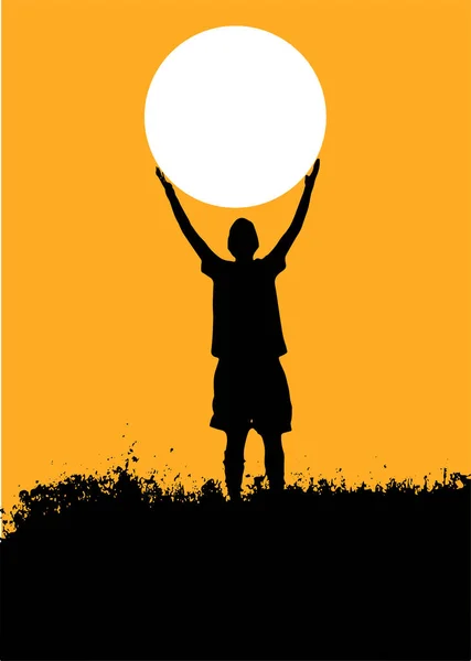 一个男孩双手拿着太阳的轮廓可编辑的插图 — 图库矢量图片