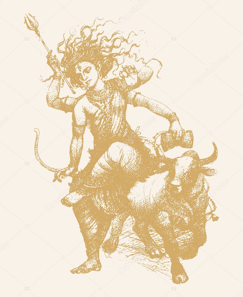 Drawing or sketch of hindu god Lord Shiva and his sign, symbols outline editable illustration