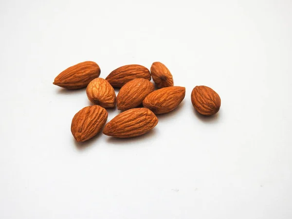 Pile Heap Many Almonds Seeds Isolated White Background — Fotografia de Stock