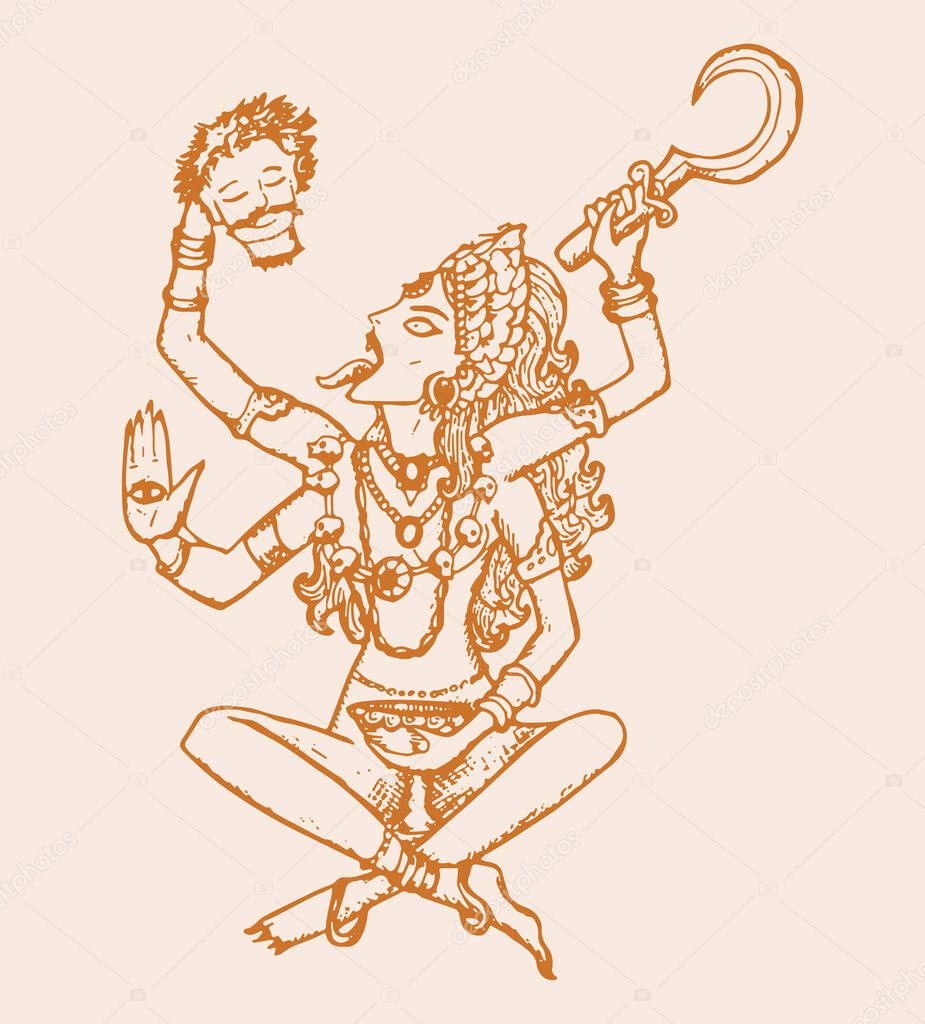 Drawing or Sketch of Hindu Goddess Durga or Kali Mata Outline Editable Illustration