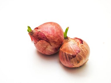 Closeup of red onions with young leaves bud isolated on white background