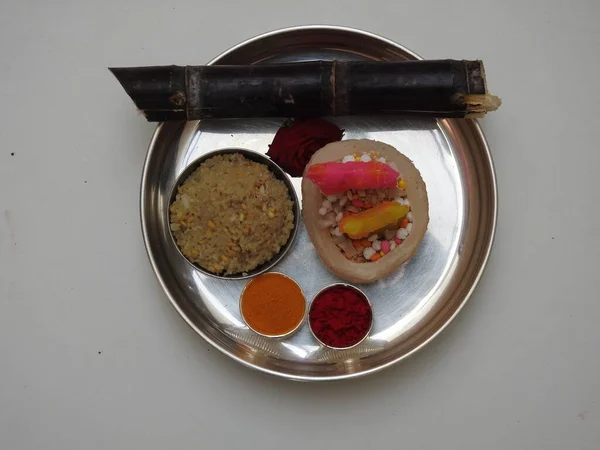 Closeup Group Pongal Makara Sankranti Festival Foods Silver Plate Isolated — Stock Photo, Image