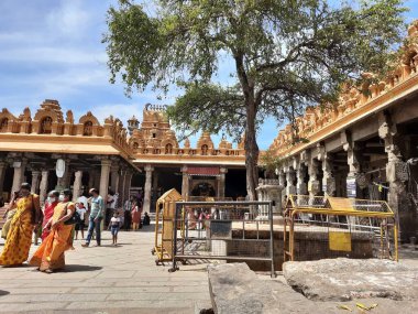 Mysore, Karnataka, Hindistan-11 Şubat 2022: Güzel Srikanteshwara ya da Nanjundeswara Tapınağı, Nanjangud 'daki büyük lord shiva heykeli ve at arabası.