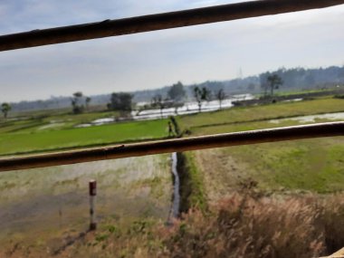 Mysore, Karnataka, Hindistan-11 Şubat 2022: Güzel Hint Tren İstasyonu ve platformunun penceresinden demir çubukla kapatılması.