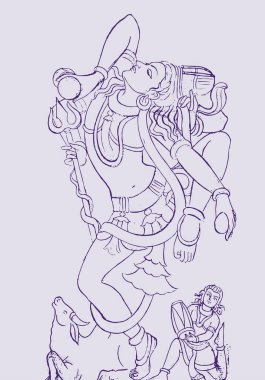 Hindu güçlü tanrının çizimi ya da çizimi ve yok edici Lord Shiva ana hatlarıyla düzenlenebilir illüstrasyon.
