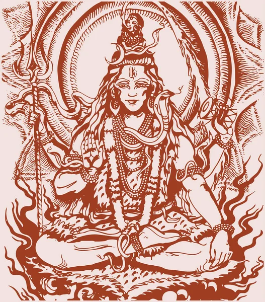 Рисунок Эскиз Индуистского Могущественного Бога Разрушителя Lord Shiva Очертания Редактируемой — стоковый вектор
