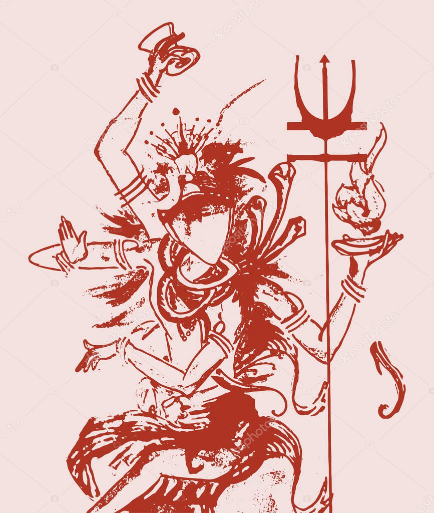 Drawing or Sketch of Hindu powerful god and the destroyer Lord Shiva Outline editable illustration