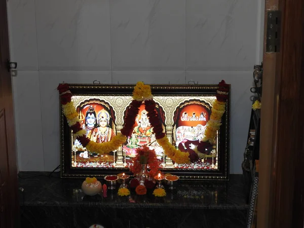 Bangalore Karnataka India Jan 2022 Closeup Beautiful Interior Decoration Puja — Stock Photo, Image