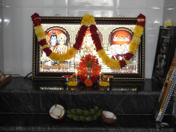 Bangalore Karnataka India Jan 2022 Closeup Beautiful Interior Decoration Puja — Stock Photo, Image