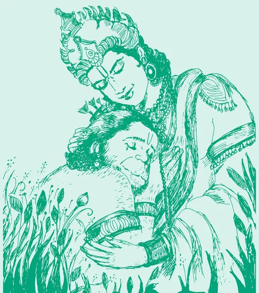 Drawing Sketch Hindu God Lord Hanuman Silhouette Outline Editable Illustration — стоковый вектор