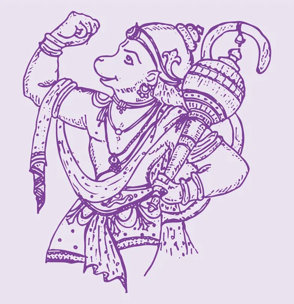Drawing Sketch Hindu God Lord Hanuman Silhouette Outline Editable Illustration — Stock Vector