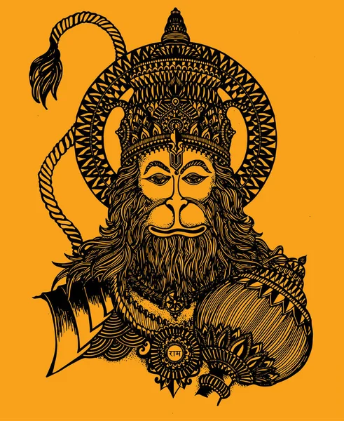 Drawing Sketch Hindu God Lord Hanuman Silhouette Outline Editable Illustration — Stockvektor
