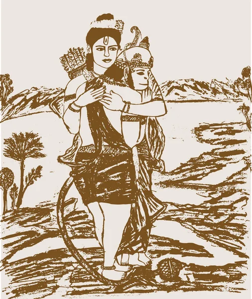 Рисунок Эскиз Индуистского Силуэта Бога Ханумана Набросок Редактируемой Иллюстрации — стоковый вектор