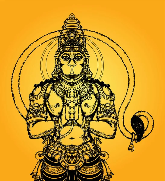 Drawing Sketch Hindu God Lord Hanuman Silhouette Outline Editable Illustration — стоковый вектор