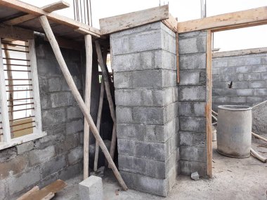 Bangalore, Karnataka, Hindistan-Haziran 06, 2021: Yeni ev inşaatının kapatılması merkezcilik, pervazlama, sütun ve duvar gibi farklı işler yapmak.,