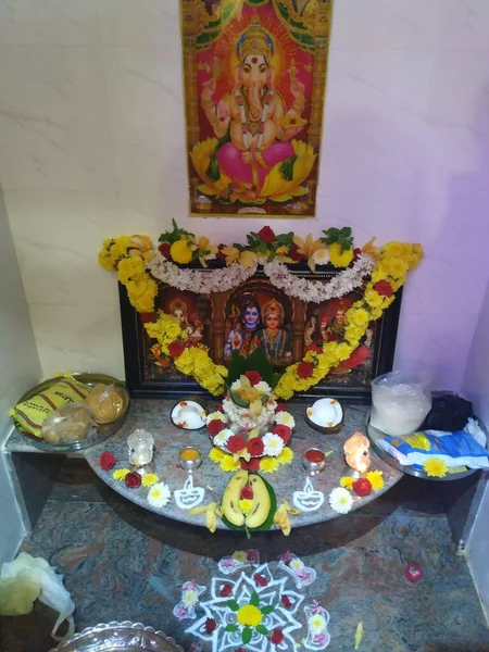Bangalore Karnataka India Dec 2020 Closeup Beautiful Puja Room God — Foto Stock