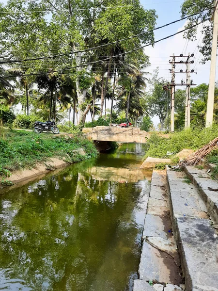 Kolakarana Doddi, Mandya Bölgesi, Karnataka, Hindistan 'daki güzel su kanalı ve göletin yakınları.