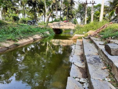 Kolakarana Doddi, Mandya Bölgesi, Karnataka, Hindistan 'daki güzel su kanalı ve göletin yakınları.