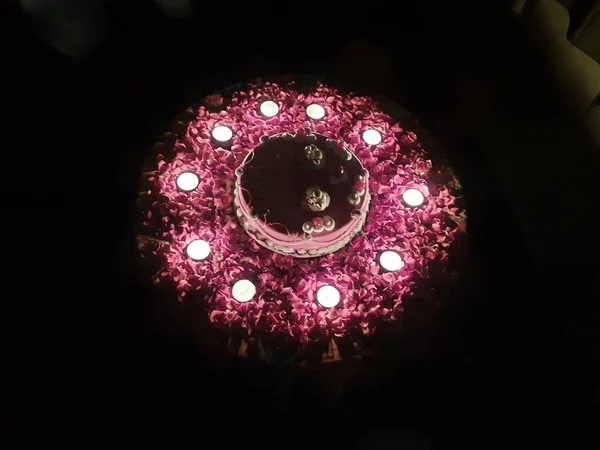 Closeup Beautiful Birthday Cake Decoration Rose Flower Candle Dark Black — Stok fotoğraf