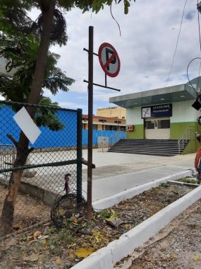 Bangalore, Karnataka, India-June 09, 2021: Closeup of traffic sign board of No Parking pole near the Yelachenahalli, Metro Station.