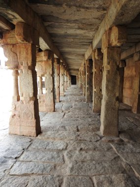 Hindistan 'ın Andhra Pradesh eyaletinde Lepakshi' de bulunan Veerabhadra Hindu tapınağında tanrı ve tanrıça oymalı güzel taş sütunlar.