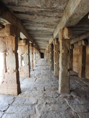 Hindistan 'ın Andhra Pradesh eyaletinde Lepakshi' de bulunan Veerabhadra Hindu tapınağında tanrı ve tanrıça oymalı güzel taş sütunlar.
