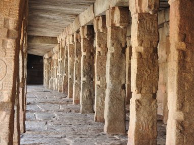 Hindistan 'ın Andhra Pradesh eyaletinde Lepakshi' de bulunan Veerabhadra Hindu tapınağında tanrı ve tanrıça oymalı güzel taş sütunlar.