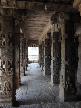 Hindistan 'ın Andhra Pradesh eyaletinde Lepakshi' de bulunan Veerabhadra Hindu tapınağında tanrı ve tanrıça oymalı güzel taş sütunlar.
