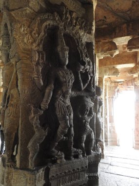 Hindistan 'ın Andhra Pradesh eyaletinde Lepakshi' de bulunan Veerabhadra Hindu tapınağında tanrı ve tanrıça oymalı güzel taş sütunlar.