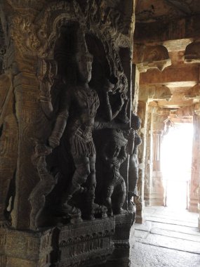 Hindistan 'ın Andhra Pradesh eyaletinde Lepakshi' de bulunan Veerabhadra Hindu tapınağında tanrı ve tanrıça oymalı güzel taş sütunlar.
